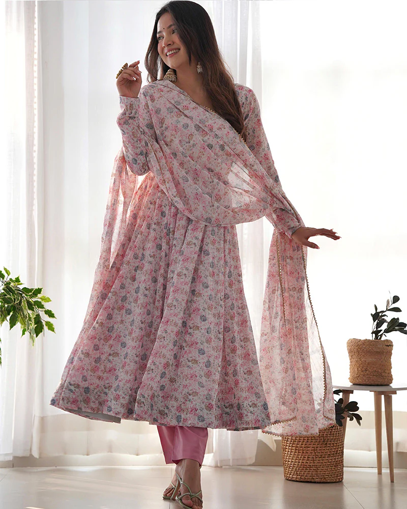 Baby Pink Color Heavy Chiffon Floral Print With Full Flair Three Piece  Anarkali Suit - Cheap Store